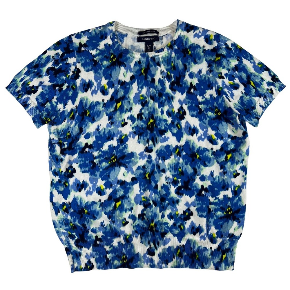 Lands' End Supima Cotton Sweater Women's S Blue Floral Short Sleeve‎ Knit Top